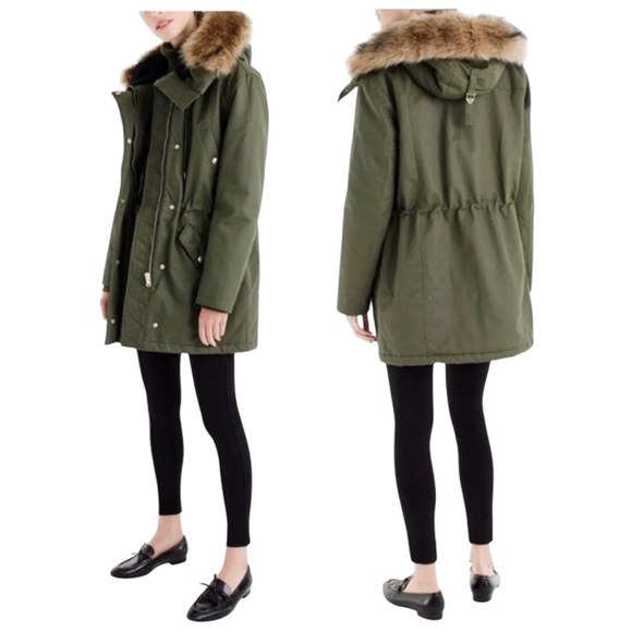 J.Crew Olive Green Utility Parka Petite XS Faux Fur Hood PrimaLoft Jacket EUC - Picture 4 of 14